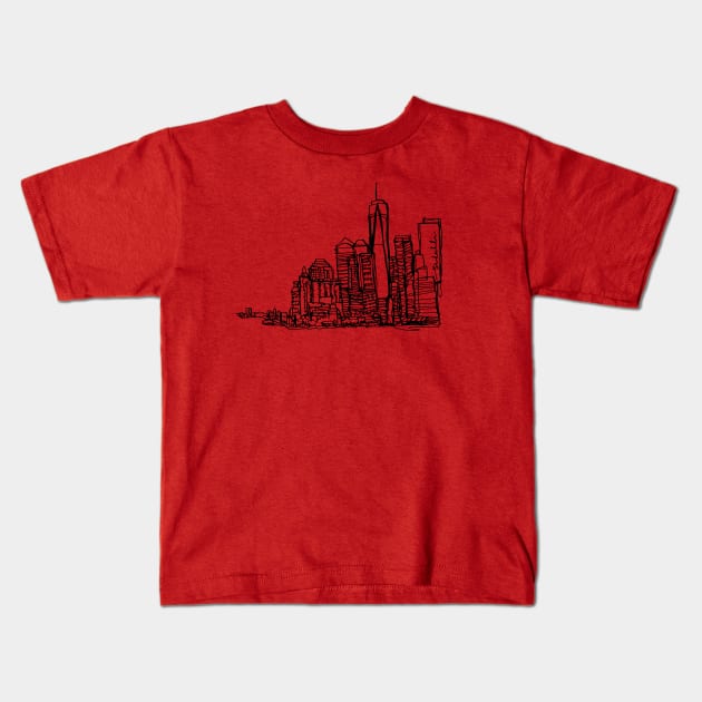 New York City Skyline (A Continuous Line Drawing in Black Ink) Kids T-Shirt by BigBridgeStudios